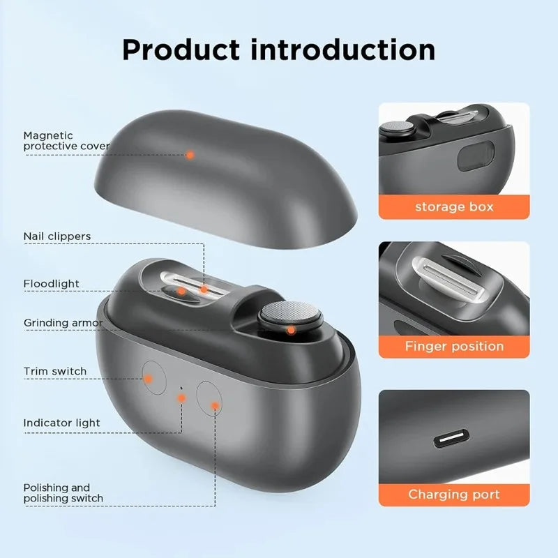 Electric Nail Clipper Electric Nail Trimmer Polisher Portable Fingernail Cutter with Light File Nail Clip Storage Rechargeable Peaceful Pleasures Health and Wellness