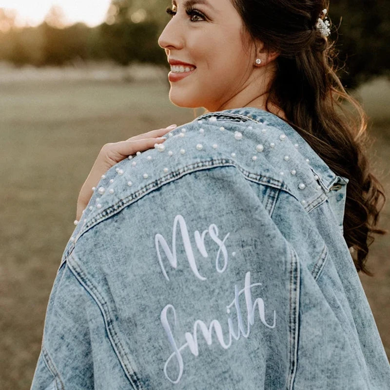 Personalized Mrs Denim Jacket with Pearl | Bridal Gift
