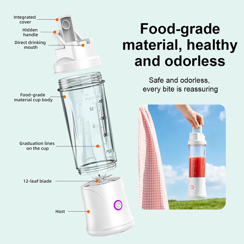 12 Blades Portable To-go Blender Cup Personal 450ml Smoothie Shake Maker Cup Juicer Drink Mixer Bottle Gym 304 Stainless Steel Peaceful Pleasures Health and Wellness