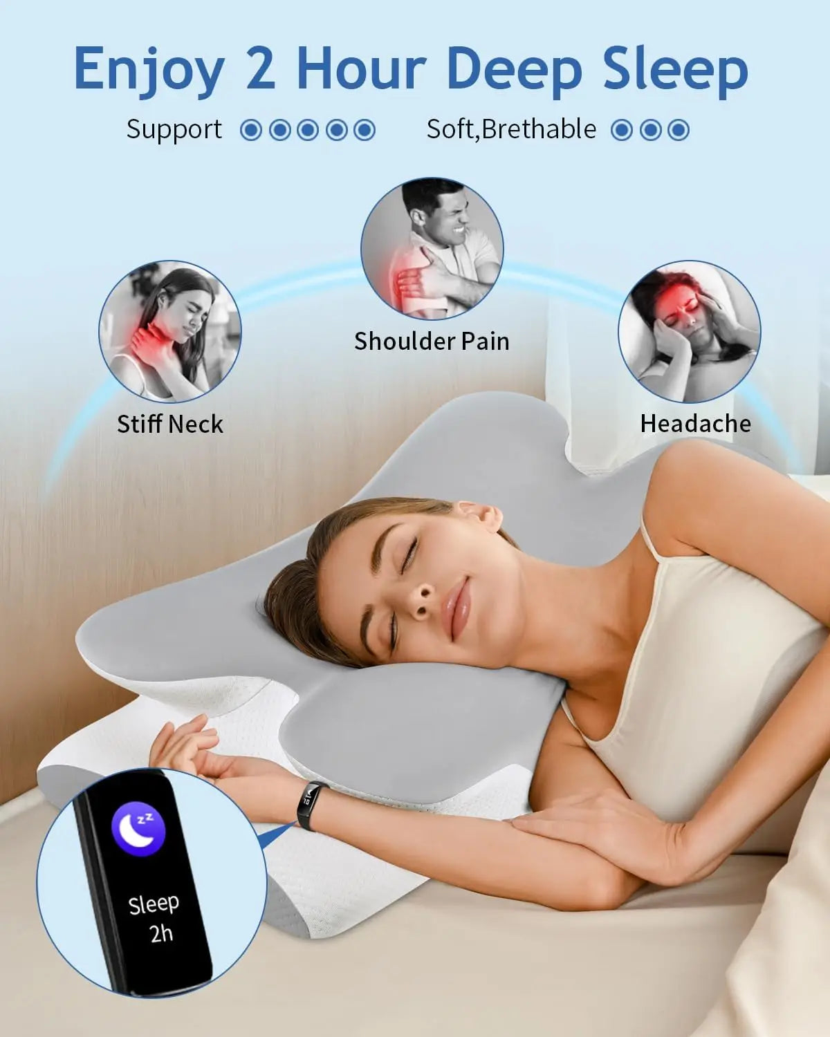 Woman using a neck pillow with text indicating 2-hour deep sleep support,缓解颈部疼痛、肩部疼痛和头痛。