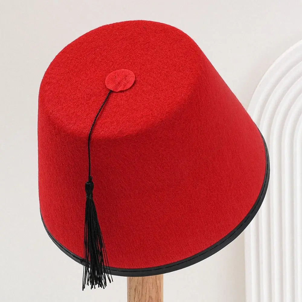 Red Wool Felt Fez Hat – Moroccan Tarboosh with Tassel