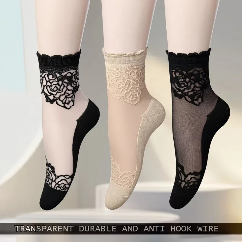 3 Pairs Women Sheer Lace Ankle Socks Thin Transparent Floral Mesh Short Socks Breathable Non-Slip Summer Dress Socks for Flats Peaceful Pleasures Health and Wellness Mixed Color 3 Pairs One Size