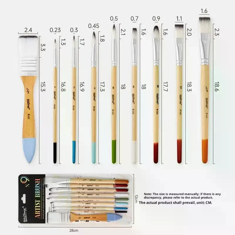 9-Piece Nylon Paint Brush Set – Watercolor, Acrylic & Oil