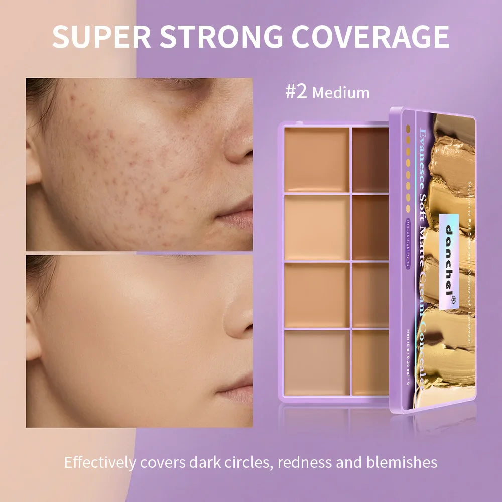 8-Shade Matte Cream Concealer Palette – Full Coverage, 12H Wear
