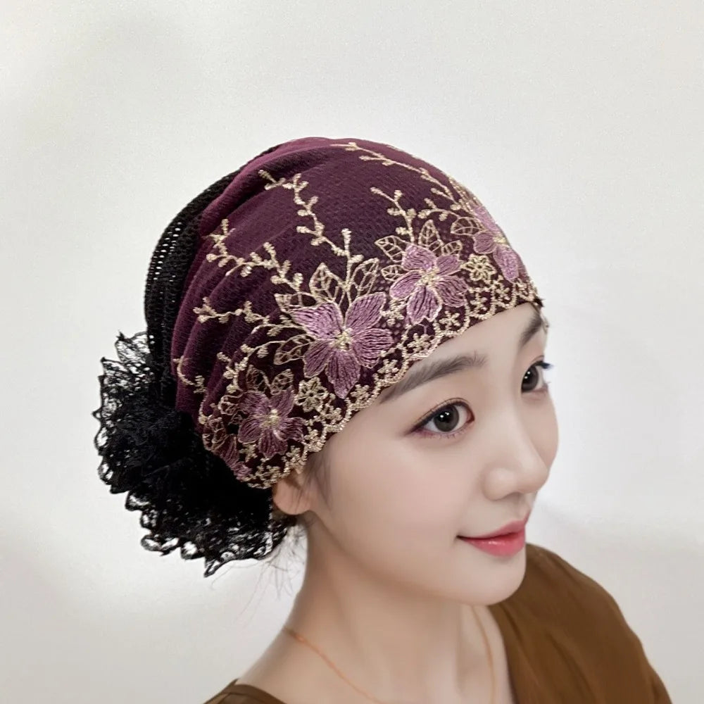 Flower Embroidery Turban Bonnet Hat – Elastic Lace Headscarf