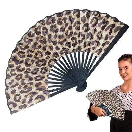 Leopard Print Folding Fan – Black Frame, Portable for Women Decorative Hand Fan Oasis Select
