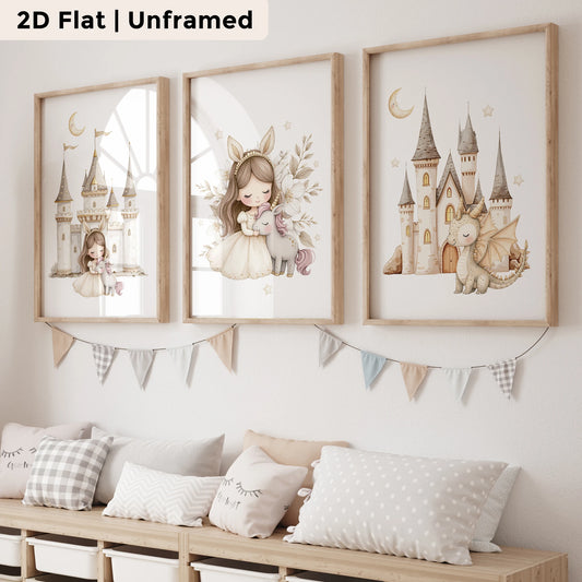 3-Piece Dinosaur Princess Canvas Wall Art | Kids Room Decor Canvas Wall Art Set Peaceful Pleasures Health and Wellness CH020-3pcs 30x40cm Unframed