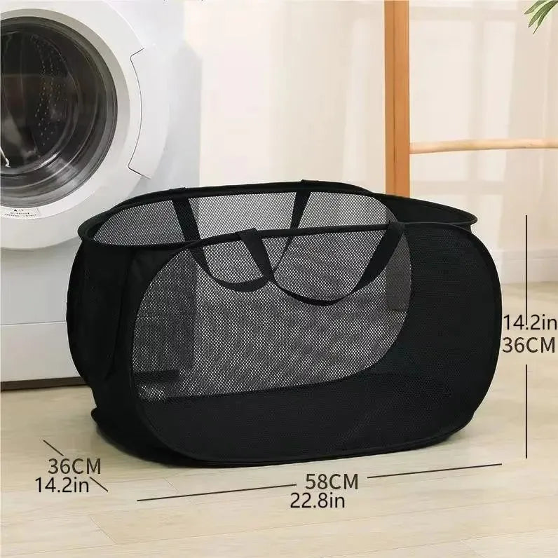 1pc Handy Laundry Mesh Popup Hamper, Foldable Lightweight Basket For Washing, Durable Clothing Storage Peaceful Pleasures Health and Wellness black A