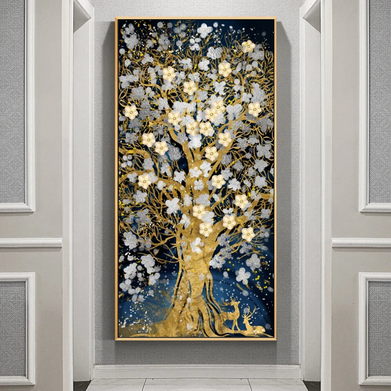 Abstract Luxury Flowers Canvas Painting, Golden Rich Tree, Wall Art Posters Money Tree Prints, Living Room, Porch, Home Decor Peaceful Pleasures Health and Wellness fj5 5 40x80cm