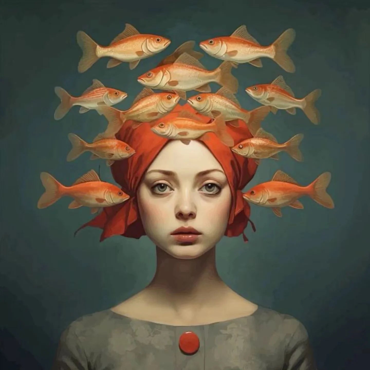 Surrealism Woman & Fish Canvas Wall Art | Fantasy Portrait Print