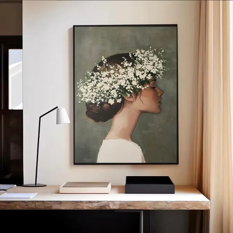 Boho Floral Bird Girl Portrait Canvas Wall Art | Nordic Print