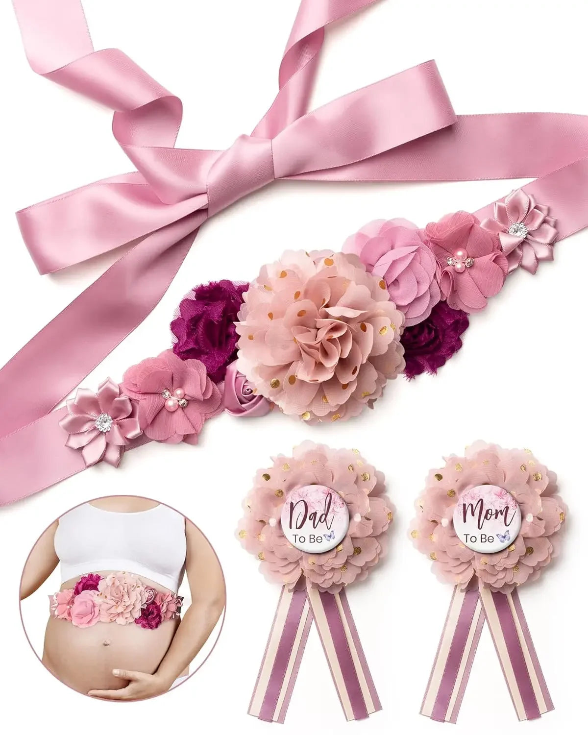 Flower Maternity Sash Set – Baby Shower Mom & Dad Corsage Pin