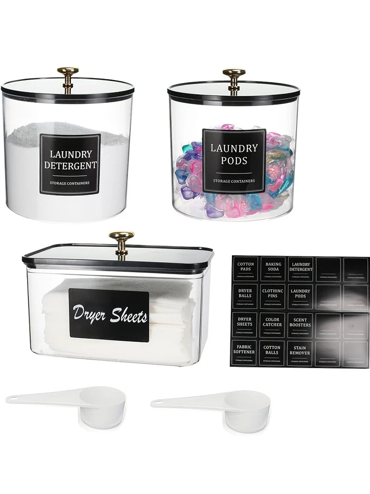 Laundry Pods Container & Dryer Sheet Holder – Storage Jars with Lids, Labels & Scoops for Laundry Room
