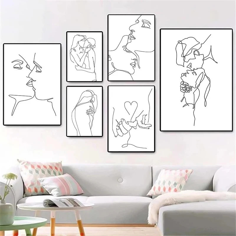 Black And White Line Drawing Couple Kiss Canvas Prints Heart Art Painting Hand In Hand Poster Minimalist Pictures Home Decor Peaceful Pleasures Health and Wellness