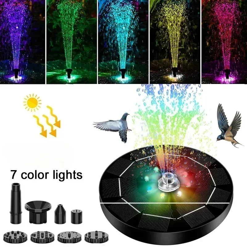 Solar Fountain 7-Color LED Lights 6 Nozzles – Bird Bath Garden