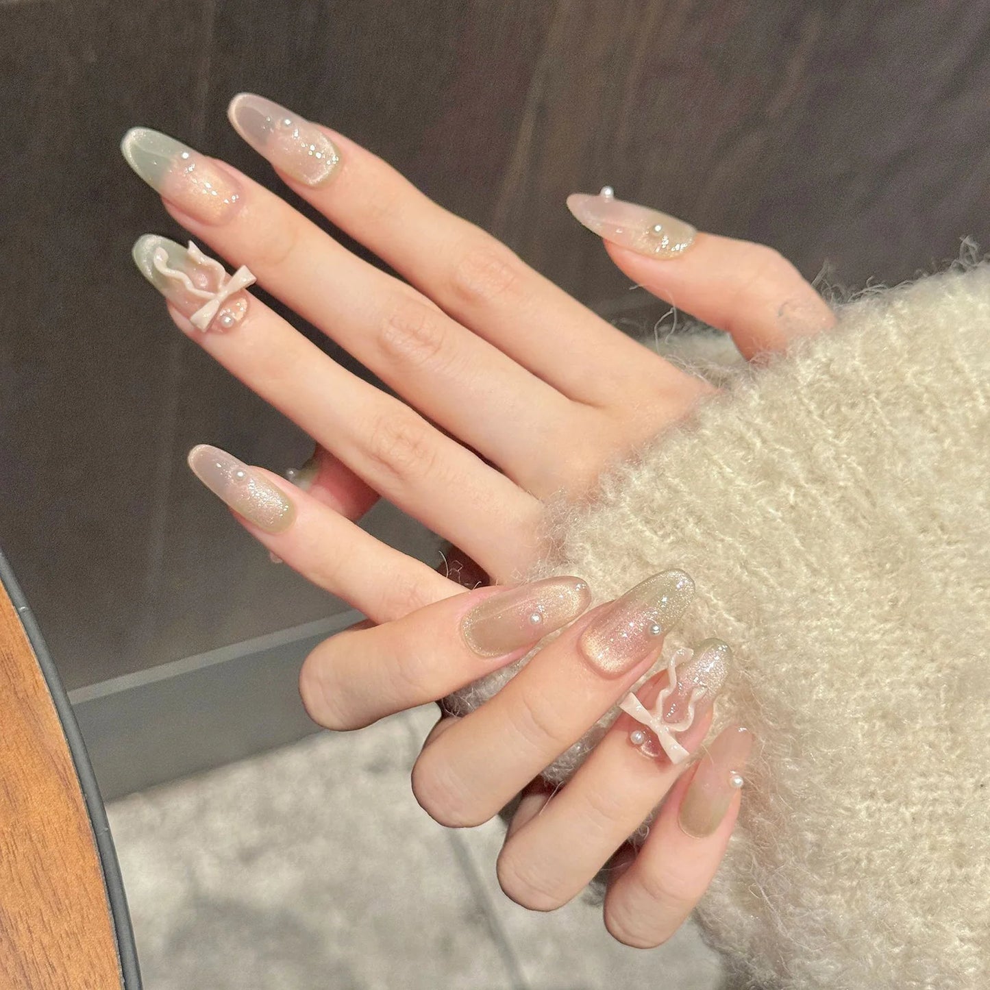 3D Ribbon Bow Press On Nails | Gradient Pink Green Cat's Eye