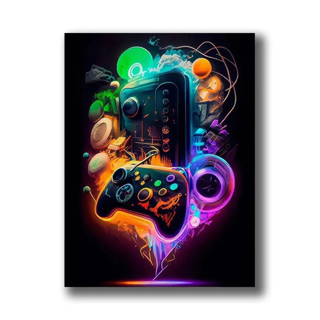 Neon Gaming Canvas Wall Art | Gamepad & Character Poster
