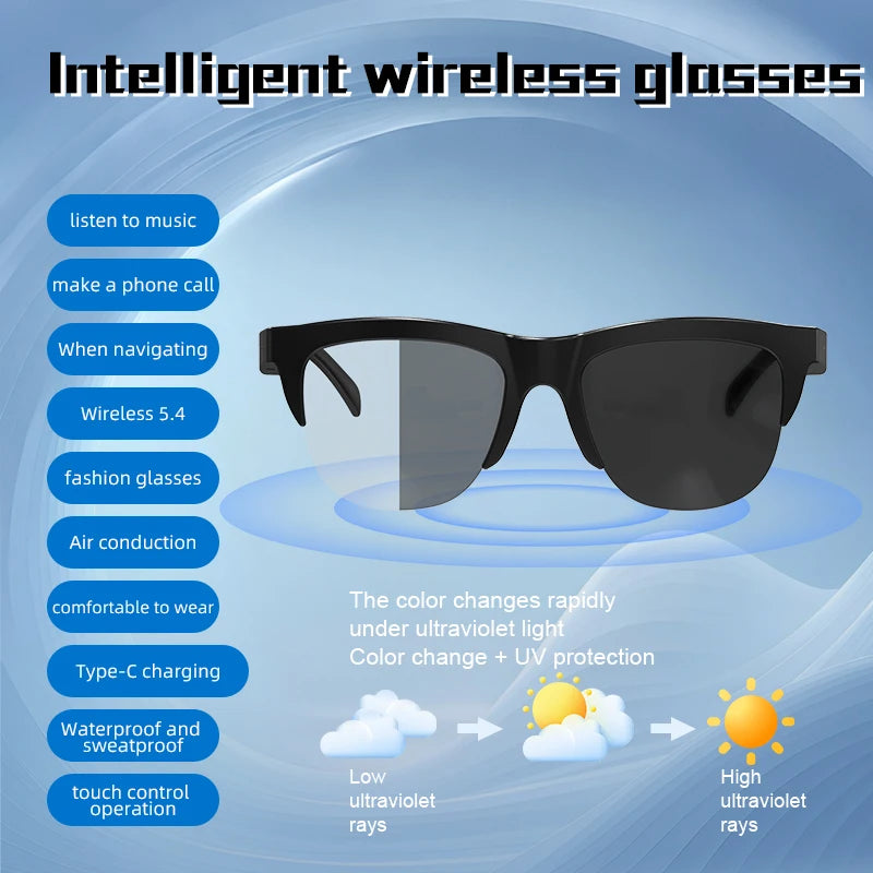 Smart Glasses Photochromic Bluetooth Wireless Hands-Free Communication Audio Touch Control Multifunctional Outdoors Glasses New Peaceful Pleasures Health and Wellness