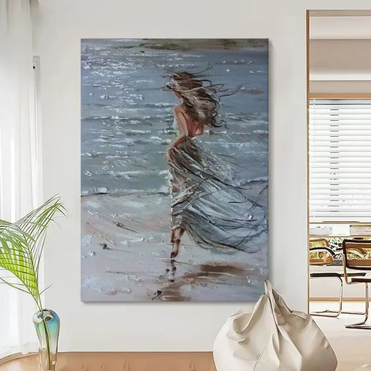 Modern Abstract Seaside Girl Art Oil Painting,3D Texture Hanging Painting,Wall Decor,100% Handmade,Hang Picture for Living Room Peaceful Pleasures Health and Wellness