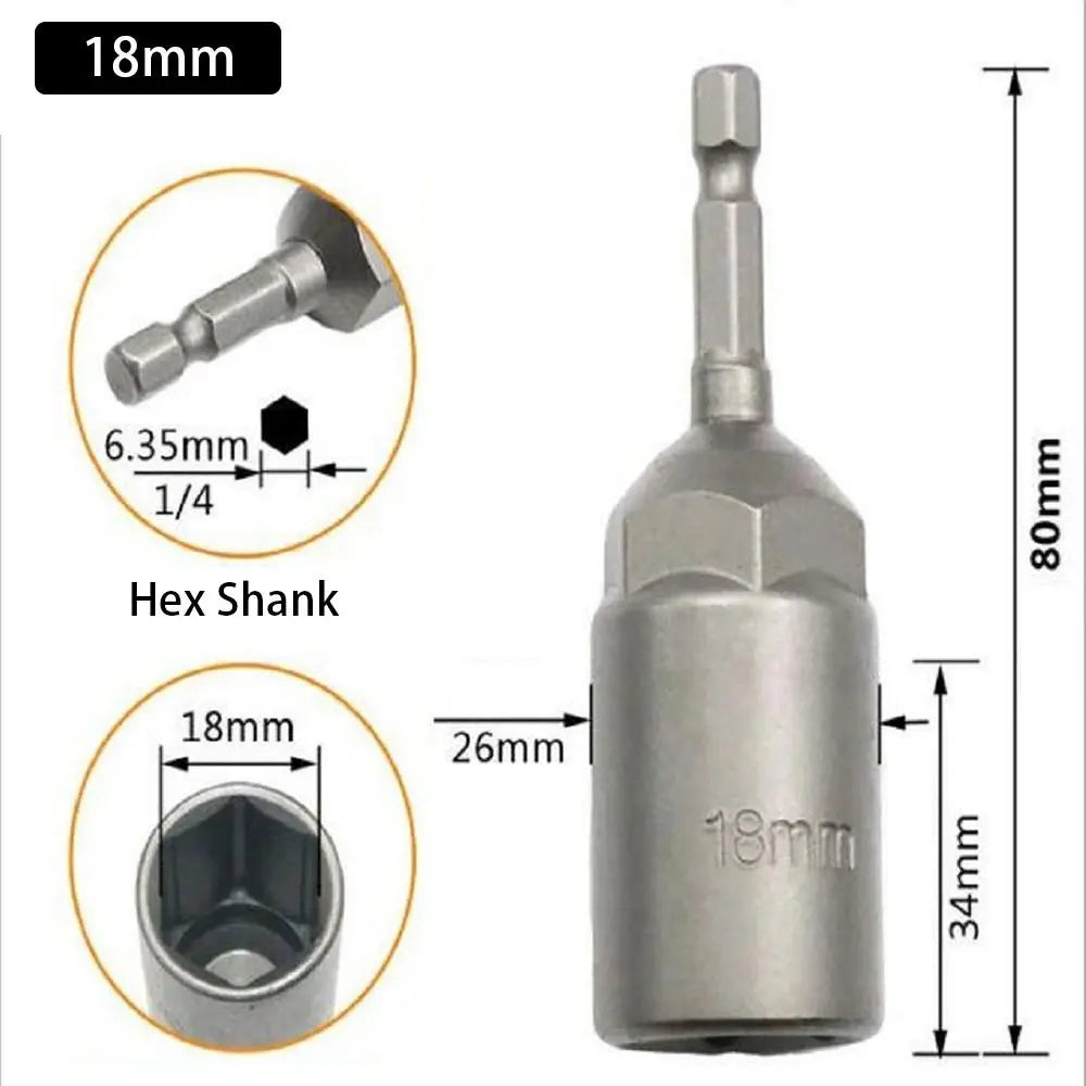 Magnetic Hex Nut Driver Bit Adapter 1/4" Shank 5.5–19mm 80mm