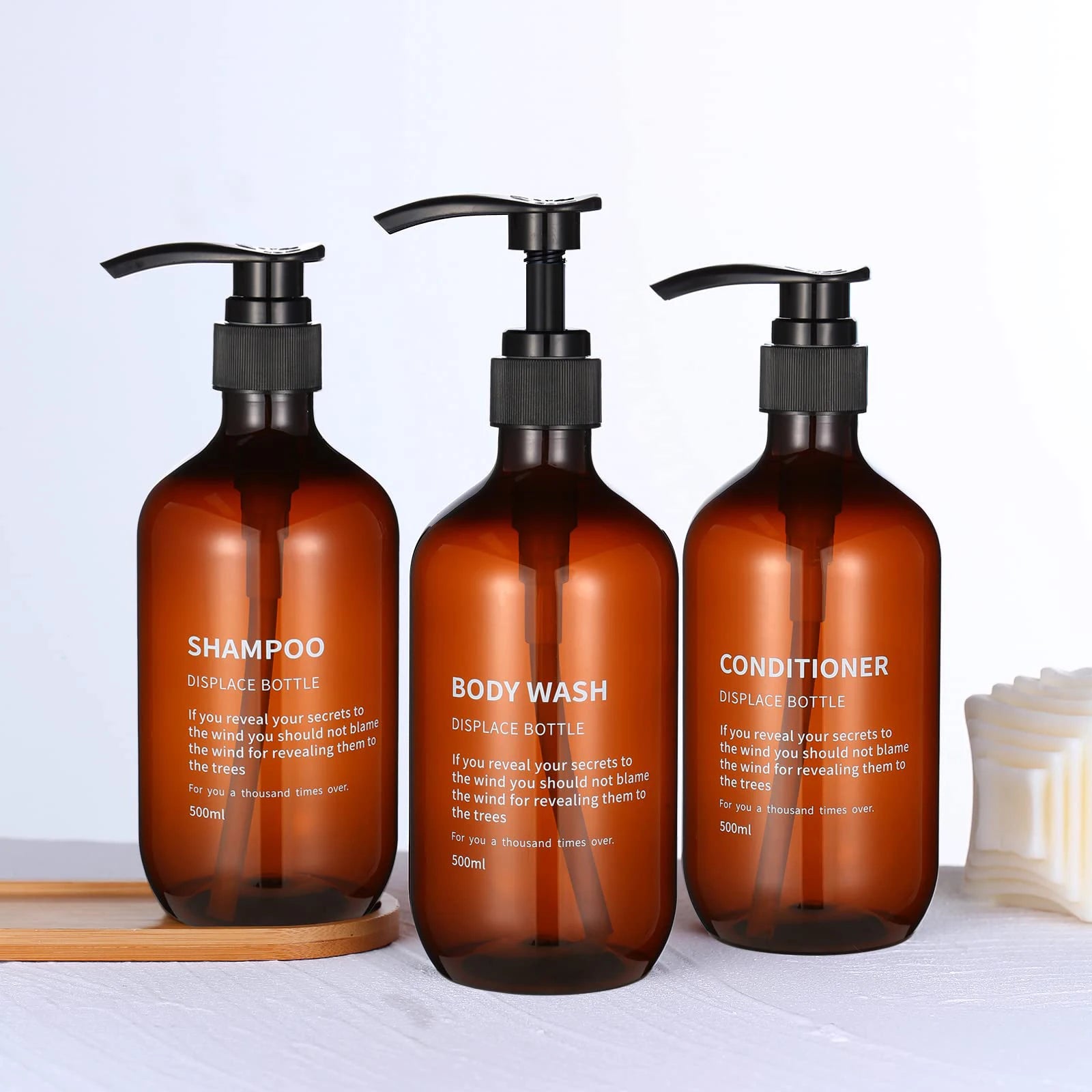 Shampoo and Conditioner Dispenser Set Shower Soap Bottles Amber Refillable Shampoo and Conditioner Bottles for Hotel Bathroom Peaceful Pleasures Health and Wellness