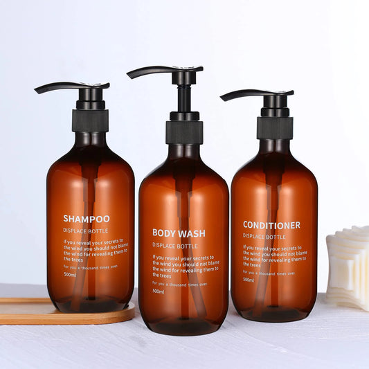Shampoo and Conditioner Dispenser Set Shower Soap Bottles Amber Refillable Shampoo and Conditioner Bottles for Hotel Bathroom Peaceful Pleasures Health and Wellness