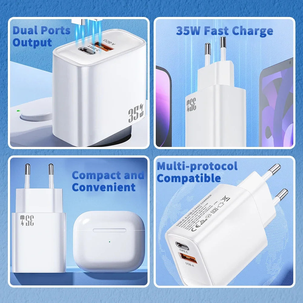 35W Dual Port USB C Fast Charger, Type C USB A QC PD Wall Adapter, EU/US Plug for iPhone 15 14 Xiaomi Samsung Oneplus Phones Peaceful Pleasures Health and Wellness