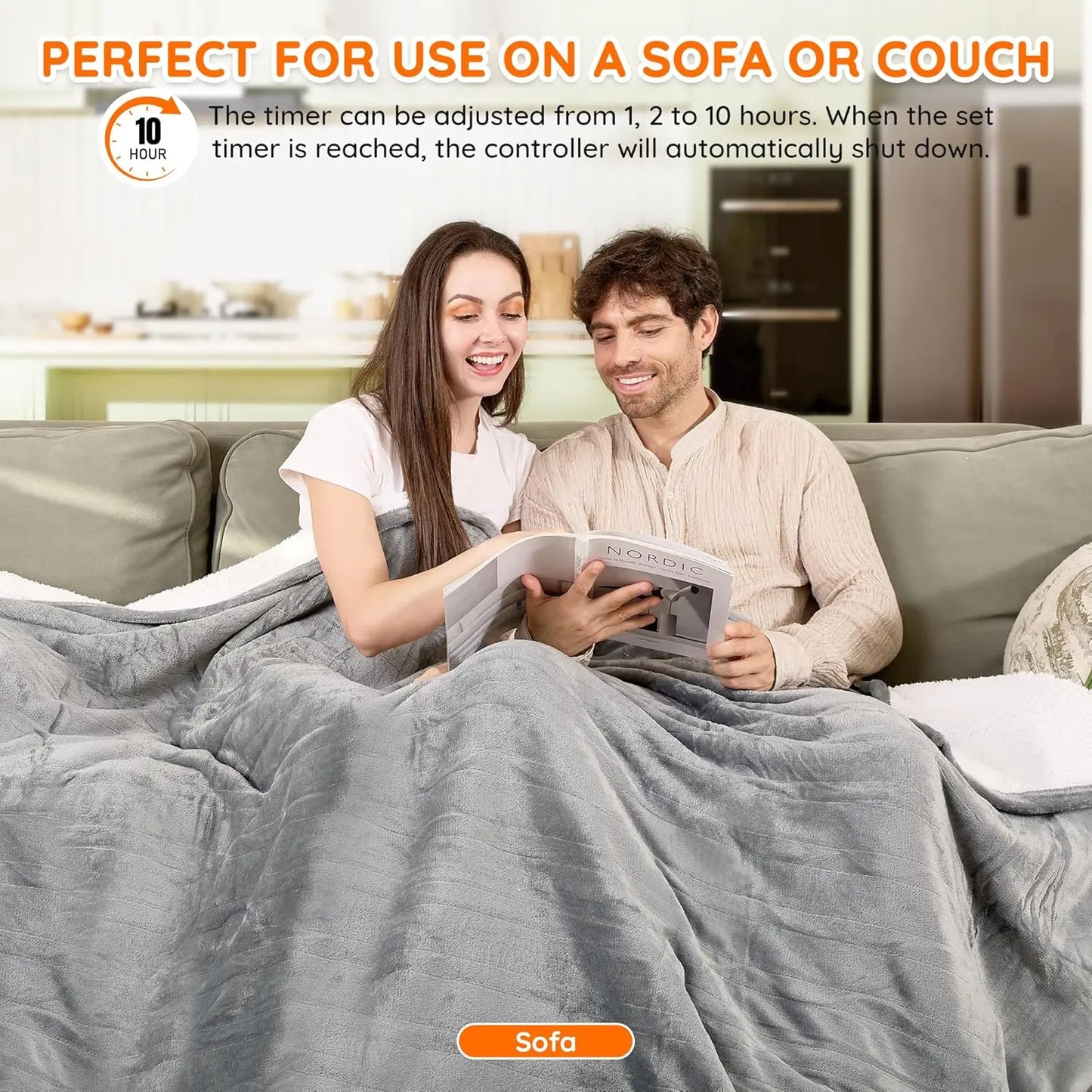 Couple under a blanket on a couch with text about a 10-hour timer feature.