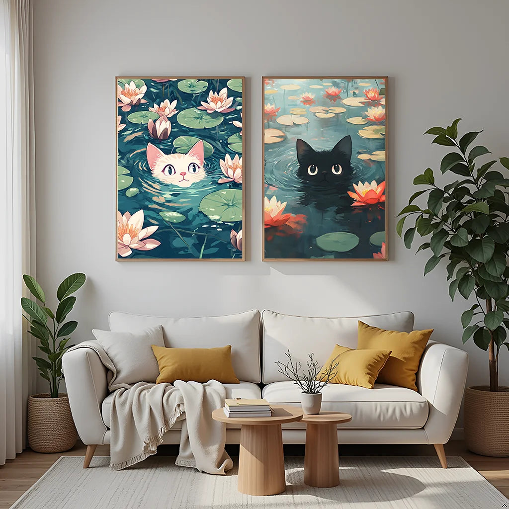 Vintage Animal Wall Art, Impressionist Water Lily Cat Canvas Painting, Nordic Poster Print for Bedroom Living Room Wall Decor Peaceful Pleasures Health and Wellness