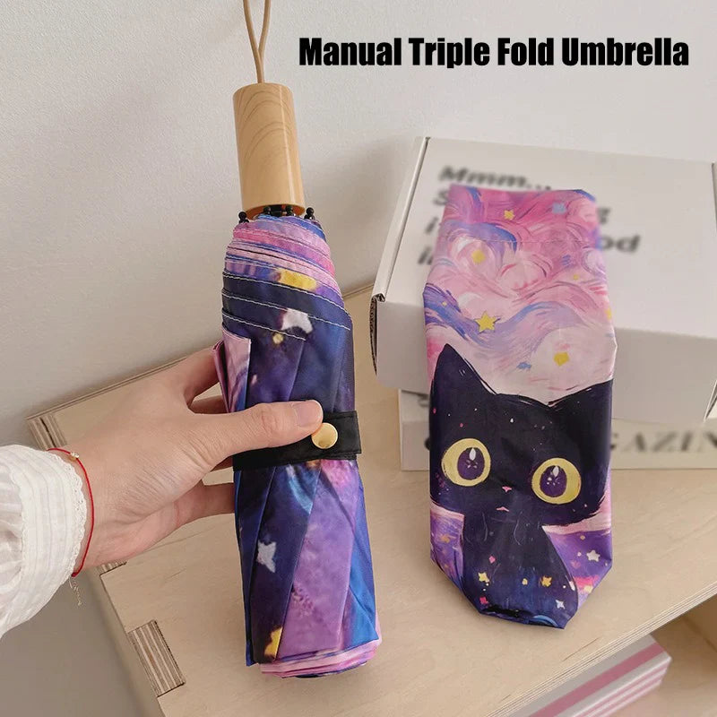 Cartoon Cat Pink Folding UV Umbrella – Auto Open, Sun & Rain