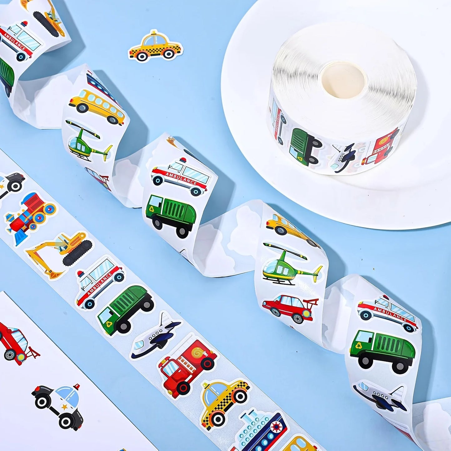 500pcs Transportation Stickers Roll – Cars, Trucks & Planes