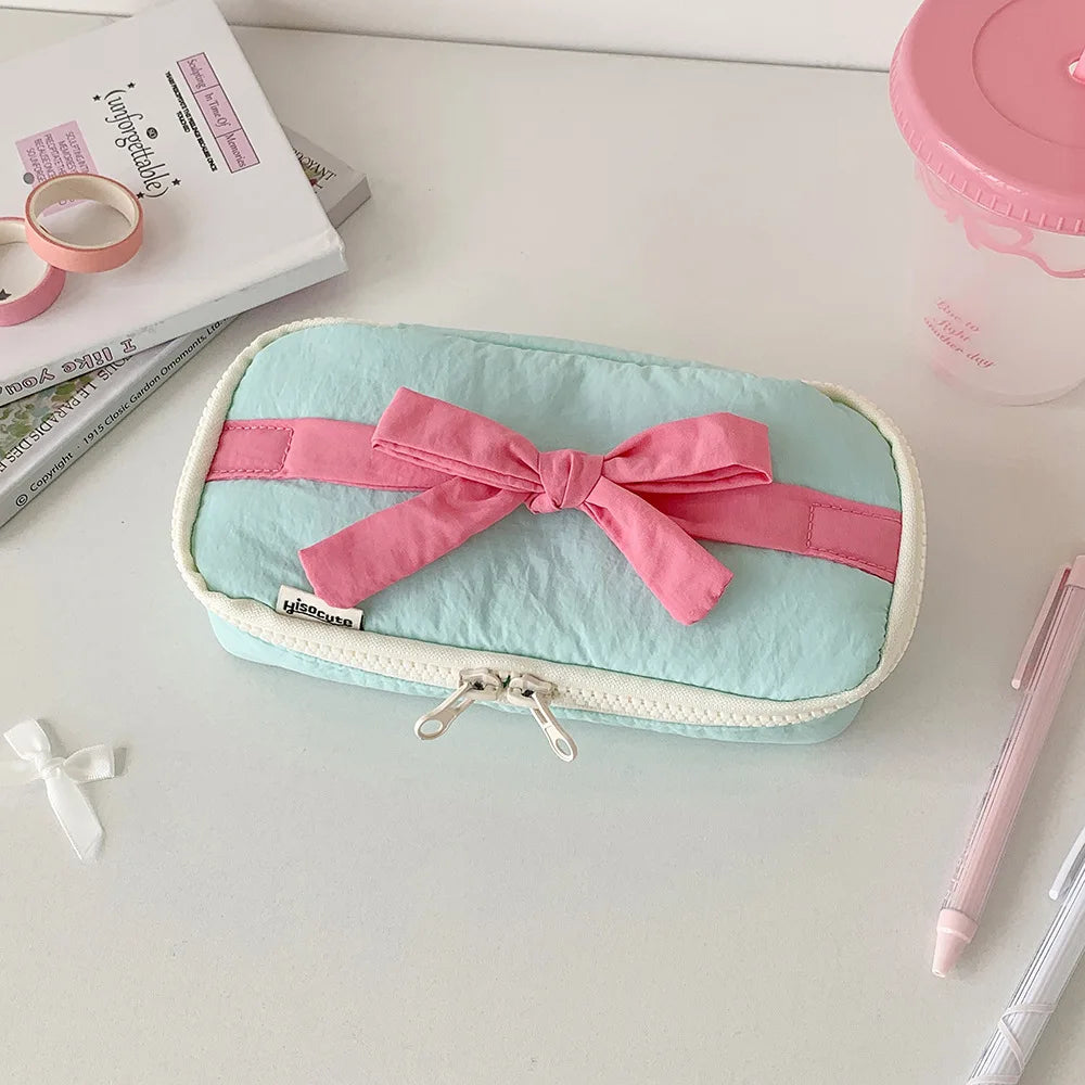 Soft Fabric Pencil Case Student Simple Bow Storage Bag Stationery Bag DIY Journal Desktop Storage Bag Practical Stationery Bags Peaceful Pleasures Health and Wellness green