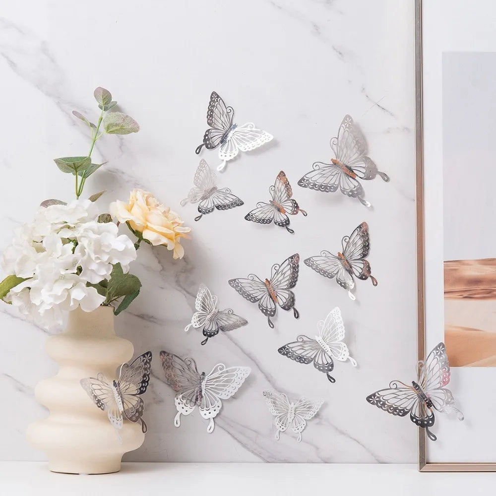 12pcs New 3D Butterfly Wall Stickers Self Adhesive Hollow Butterfly Butterfly Wallpaper DIY Decal Festival Decoration Peaceful Pleasures Health and Wellness B-Silver