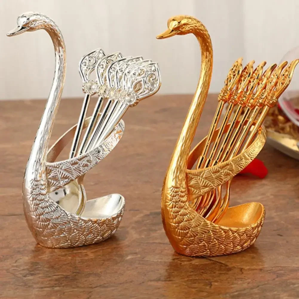 Stainless Steel Creative Dinnerware Set Decorative Swan Base Holder With 6 Spoons For Coffee Tea Cake Dessert Kitchen Supplies Peaceful Pleasures Health and Wellness