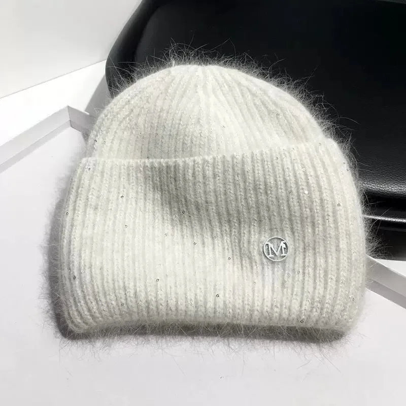 Women's Real Rabbit Fur Knitted Beanie | Sequin Winter Hat