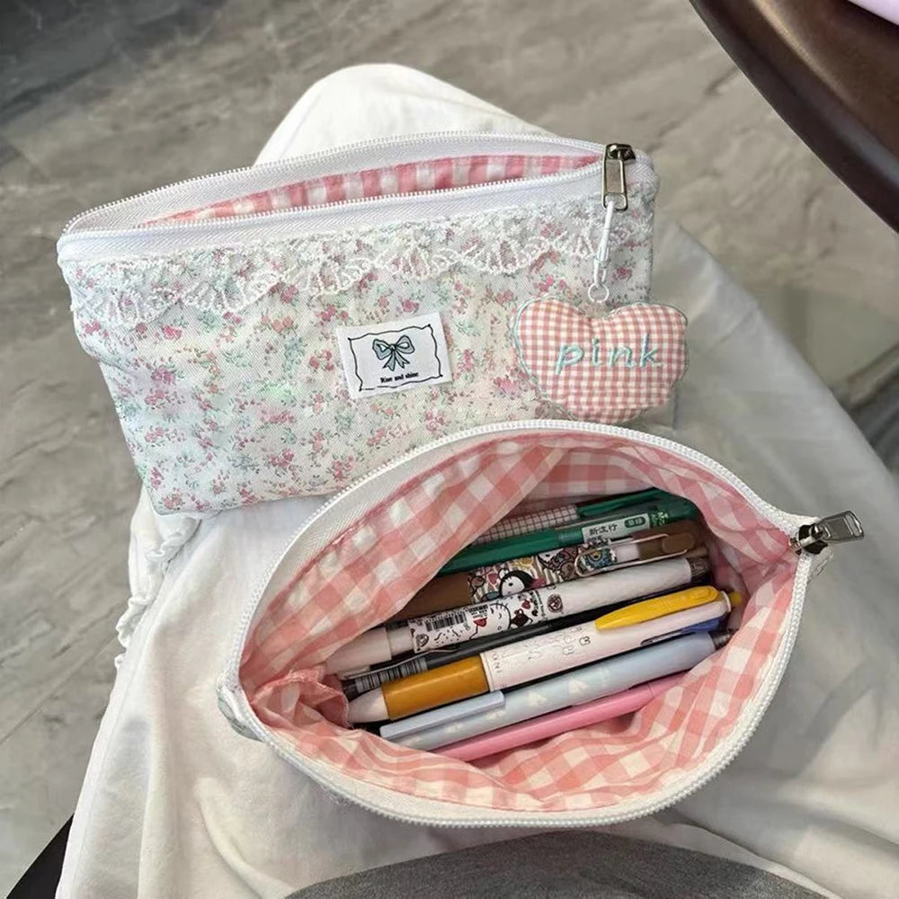 Fresh Lace Pink Floral Bow Pencil Case Ins Student Stationery Storage