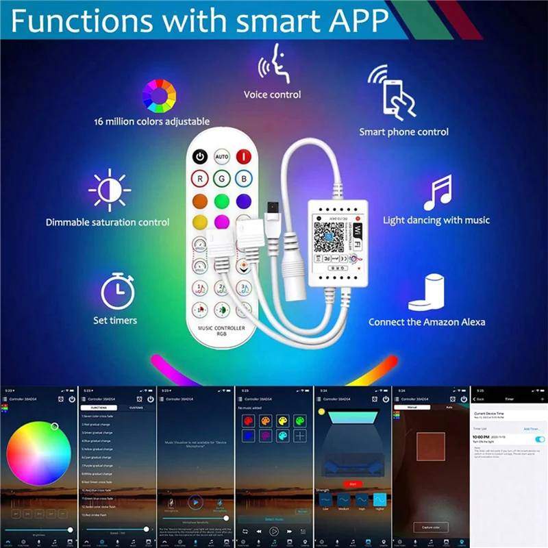 A36T-2X Wifi Smart RGB Music Controller For LED Strip Light + Infrared Remote Control 24 Keys Wireless For Color Strip Lights Peaceful Pleasures Health and Wellness