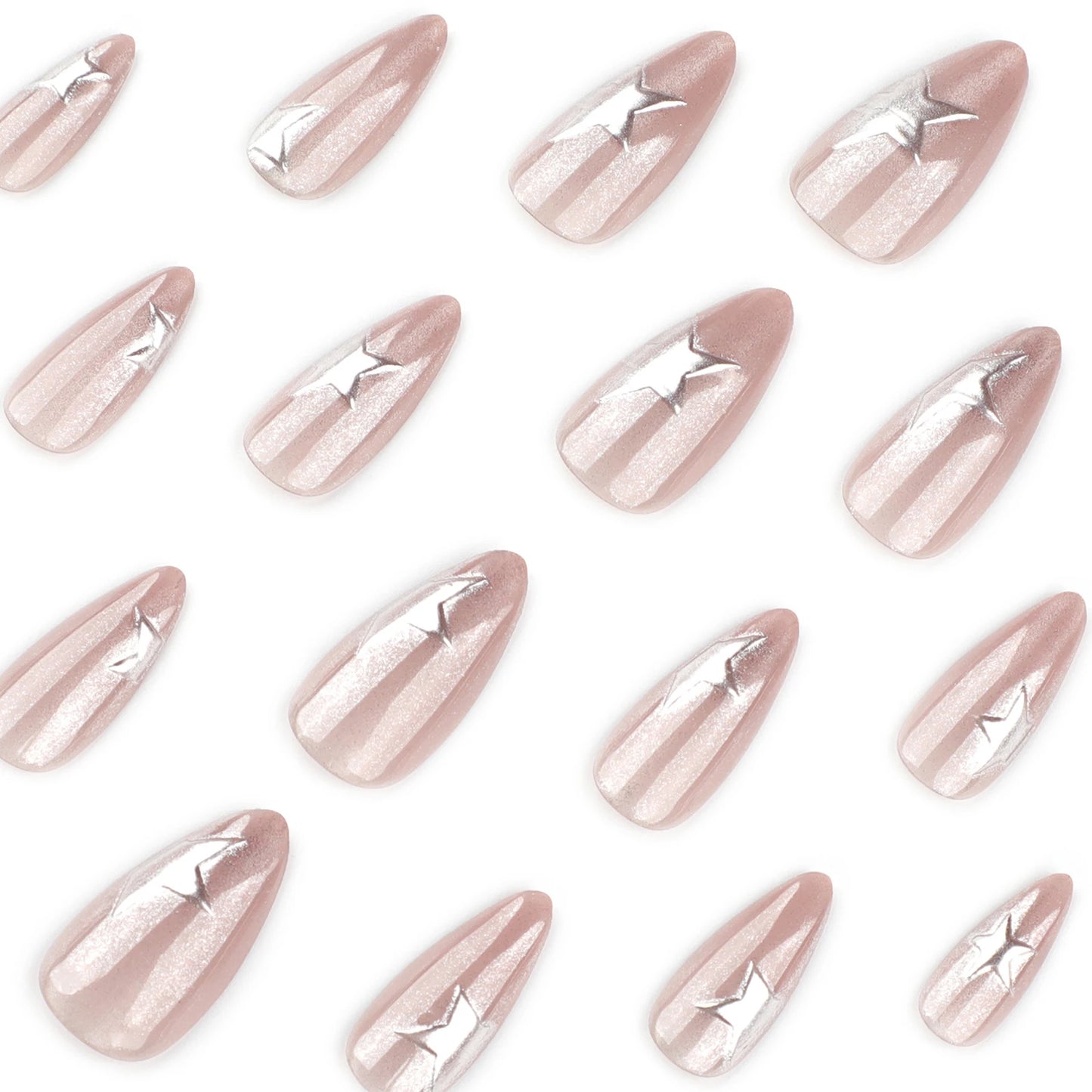 24pcs Y2K 3D Silver Star Press On Nails | Cat Eye Almond Glitter