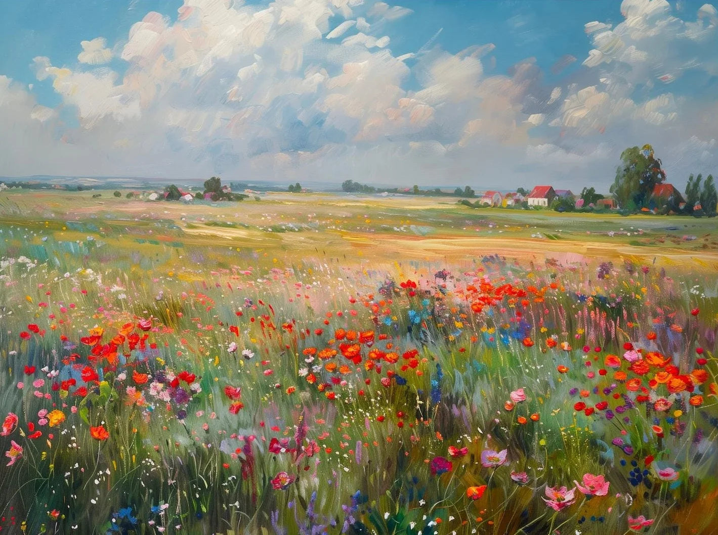 Wildflower Field Landscape Oil Poster Vintage Rustic Moody Autumn Country Scenery Canvas Painting Wall Art for Room Home Deco Peaceful Pleasures Health and Wellness