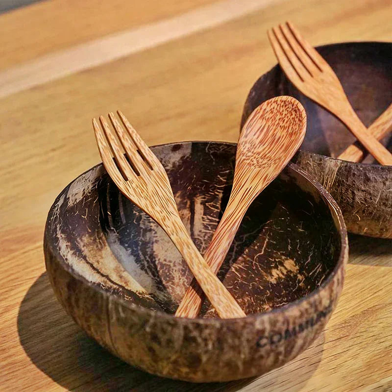 Handmade Natural Coconut Bowl with Fork & Spoon | Eco Tableware