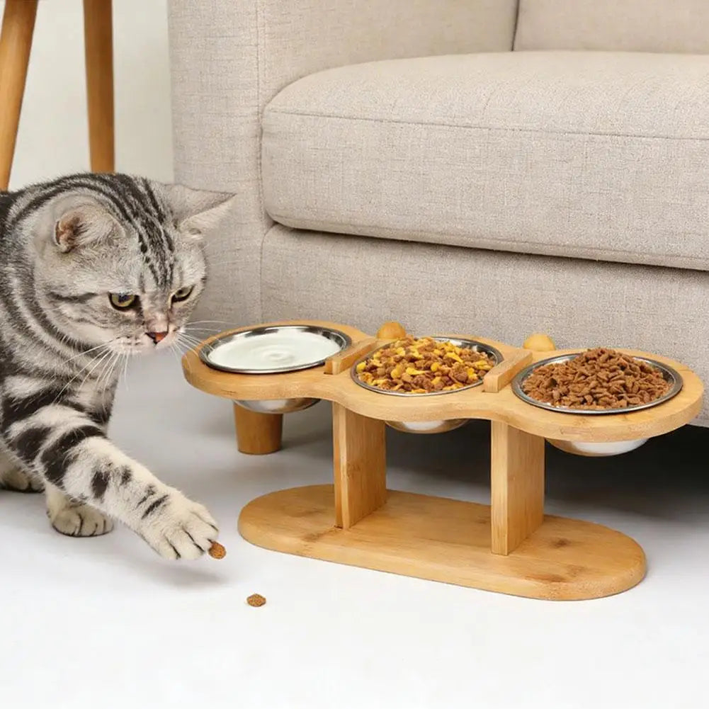 Elevated Wood Pet Feeder with 3 Stainless Steel Bowls | Cat & Dog