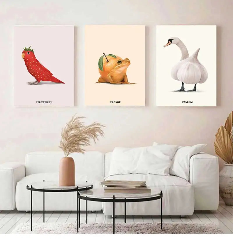 Funny Fruit Animal Poster, Kitchen Canvas Painting, Garlic, Goose,Cauliflower, Sheep Wall Picture, Living Room Decor Peaceful Pleasures Health and Wellness