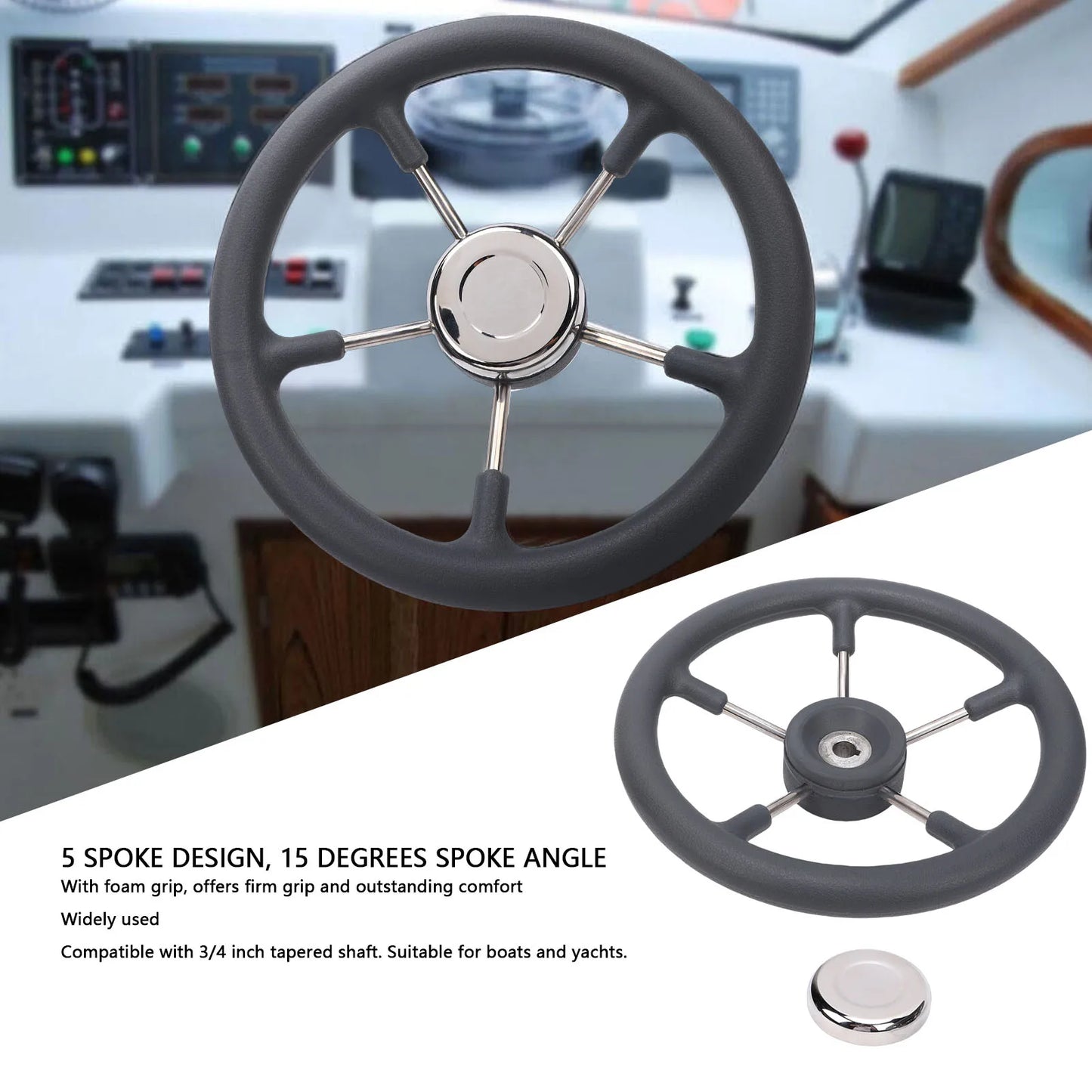 13" Stainless Steel Boat Steering Wheel | 5-Spoke Foam Grip