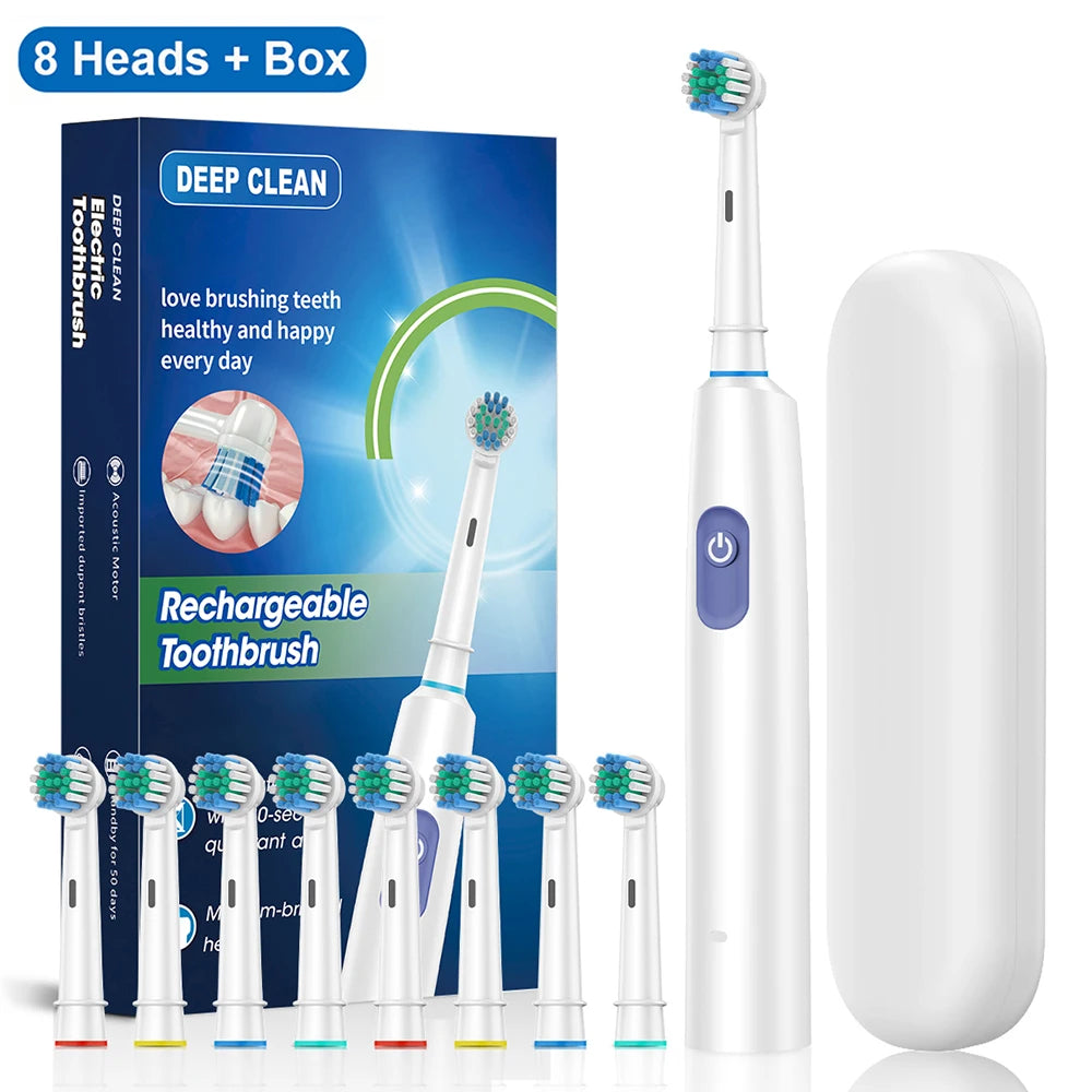 Electric Toothbrush Rotary Rechargeable Electric Toothbrush for Adults Rotating Electric Toothbrushes with 8 Soft Brush Heads Peaceful Pleasures Health and Wellness White 8 Heads Box