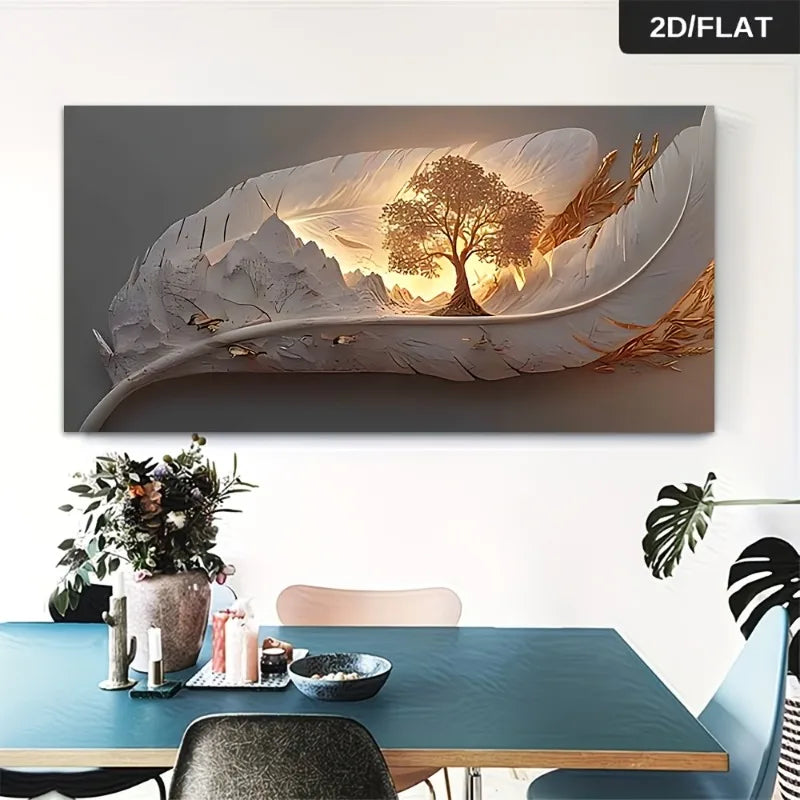 Golden Feather Life Tree Canvas Wall Art | Modern Unframed Poster Canvas Wall Art Peaceful Pleasures Health and Wellness