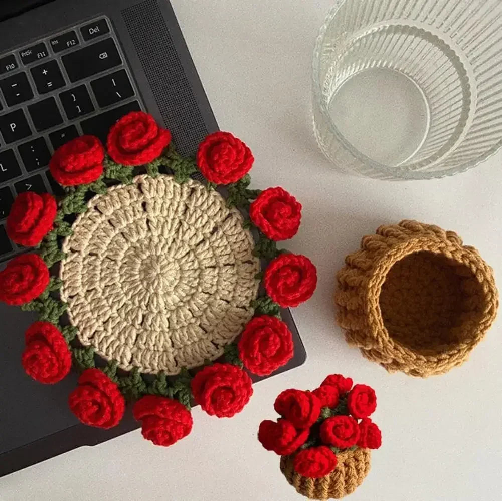 Hand Crochet Rose Flower Coasters | Heat Resistant Wool Mat Set