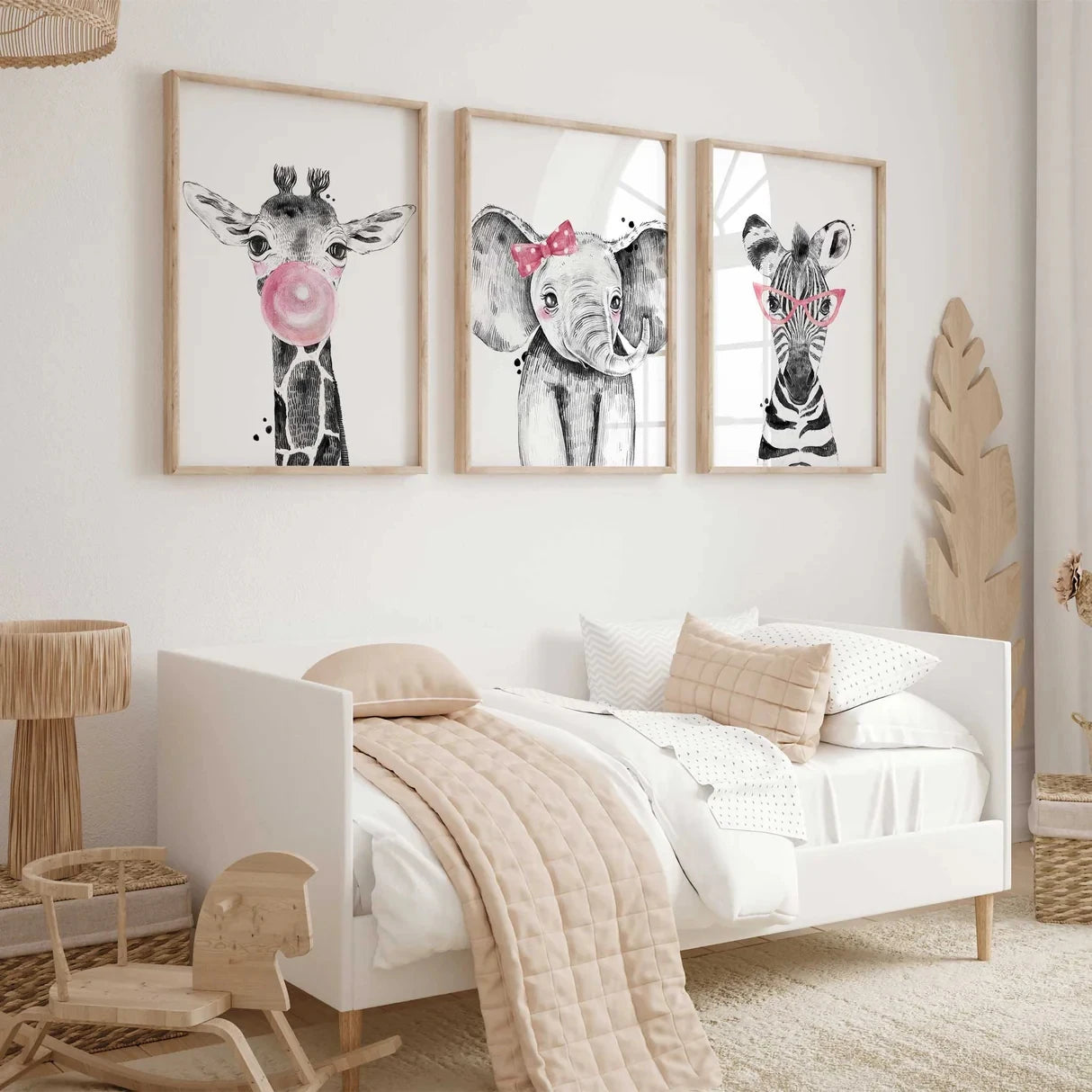 3-Piece Girls Safari Canvas Wall Art | Kids Room Decor Prints