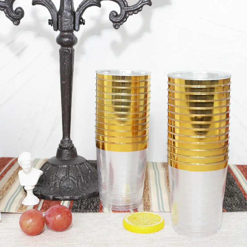 50 Pack Gold Rimmed Plastic Cups 10 oz Clear Tumblers Fancy Disposable Hard Plastic Cups with Gold Rim for Wedding Elegant Party Peaceful Pleasures Health and Wellness