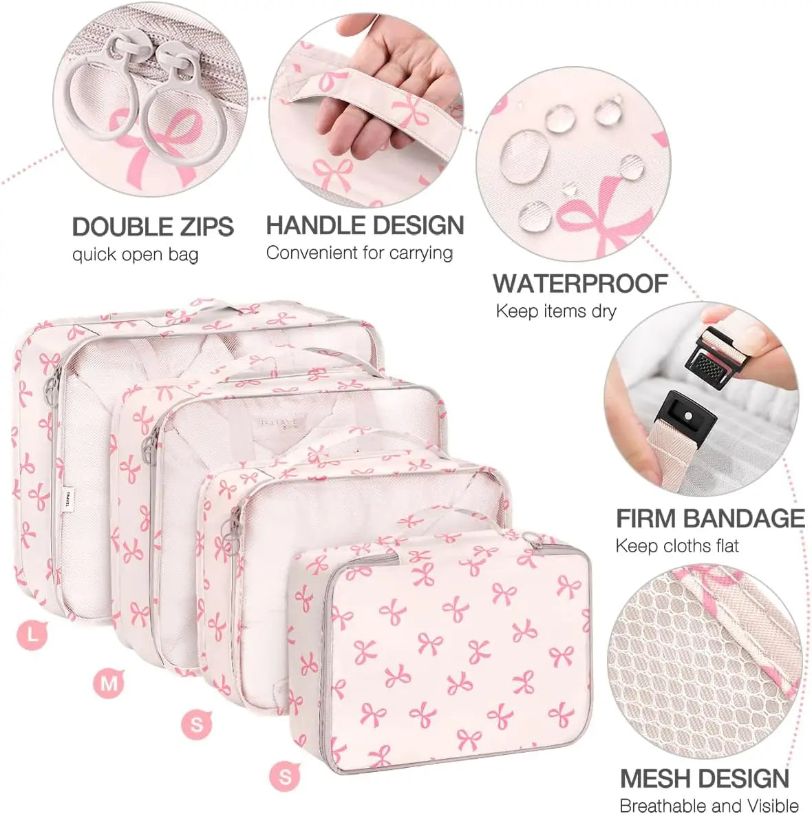 8-Piece Packing Cubes Set for Travel – Pink Bow Design Peaceful Pleasures Health and Wellness