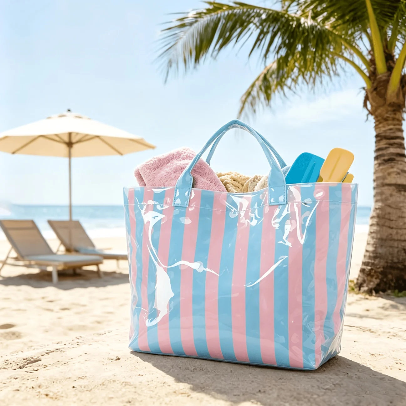 Large Striped PVC Tote Bag – Waterproof Glossy Handbag PVC Tote Bag Peaceful Pleasures Health and Wellness